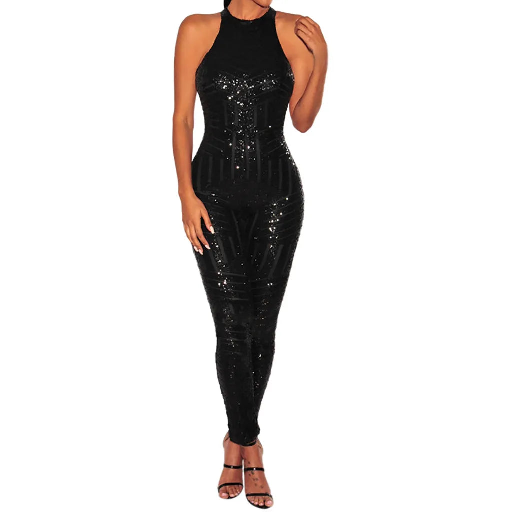 Sequin Off Shoulder Women Jumpsuit O-neck Sleeveless Casual Jumpsuits Rompers Sexy Clubwear Party Playsuits Combinaison Femme