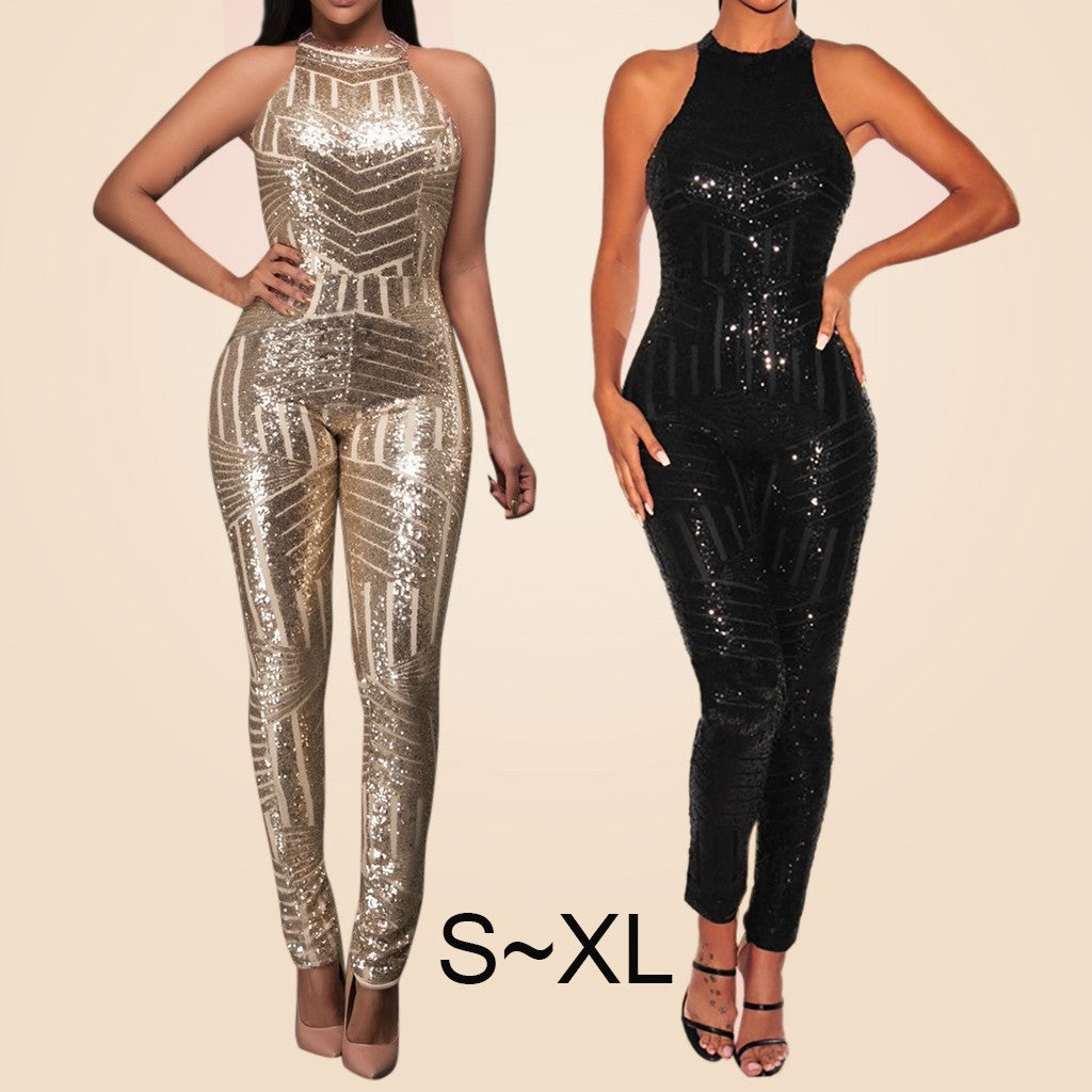 Sequin Off Shoulder Women Jumpsuit O-neck Sleeveless Casual Jumpsuits Rompers Sexy Clubwear Party Playsuits Combinaison Femme