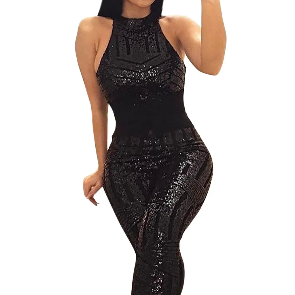 Sequin Off Shoulder Women Jumpsuit O-neck Sleeveless Casual Jumpsuits Rompers Sexy Clubwear Party Playsuits Combinaison Femme